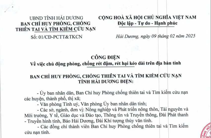 Công điện số 01 của Ban Chỉ huy Phòng, chống thiên tai và TKCN tỉnh