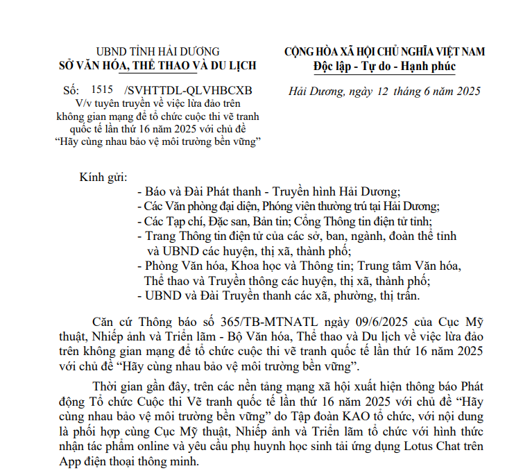 Lừa đảo trên không gian mạng để tổ chức cuộc thi vẽ tranh quốc tế lần thứ 16 năm 2025 với chủ đề “Hãy cùng nhau bảo vệ môi trường bền vững”